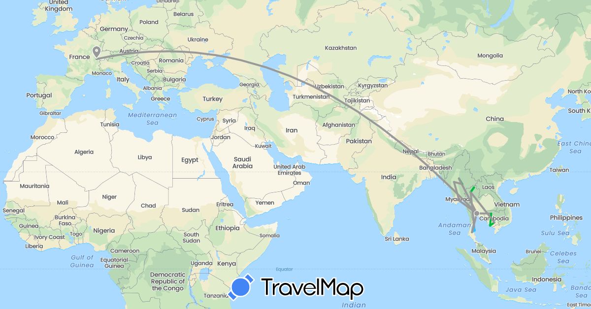 TravelMap itinerary: bus, plane, boat in Switzerland, Cambodia, Myanmar (Burma), Thailand (Asia, Europe)